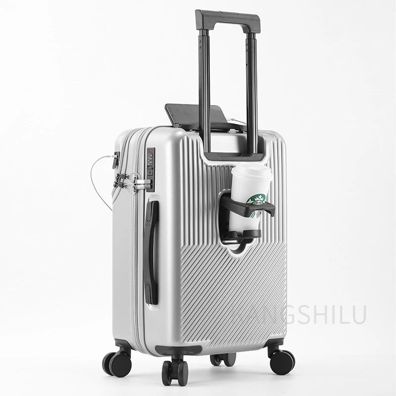 Travel Front Open Suitcase For Women And Man 20''22''24''26''-Inch Boarding Portable Trolley Case Cup Holder Smooth Mute Wheel