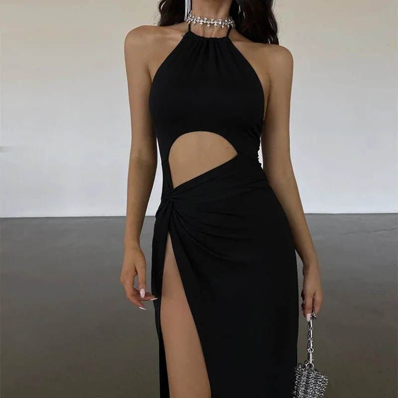 2024 Sexy Prom Party Black Long Dress Elegant Waist Hollow Out High Split Summer Dresses Fashion Backless Lace Up Women Robe