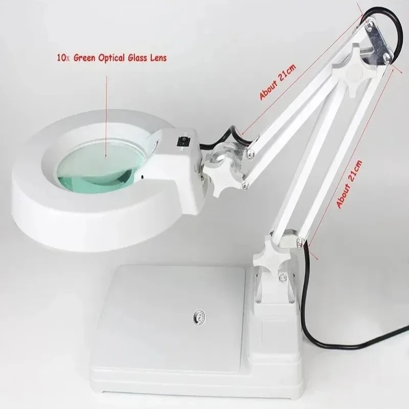 220V 10X Magnifying Glass with LED Lights Desktop Magnifier Optical Lenses for Eye-friendly Reading Jewelry Appraisal Loupe