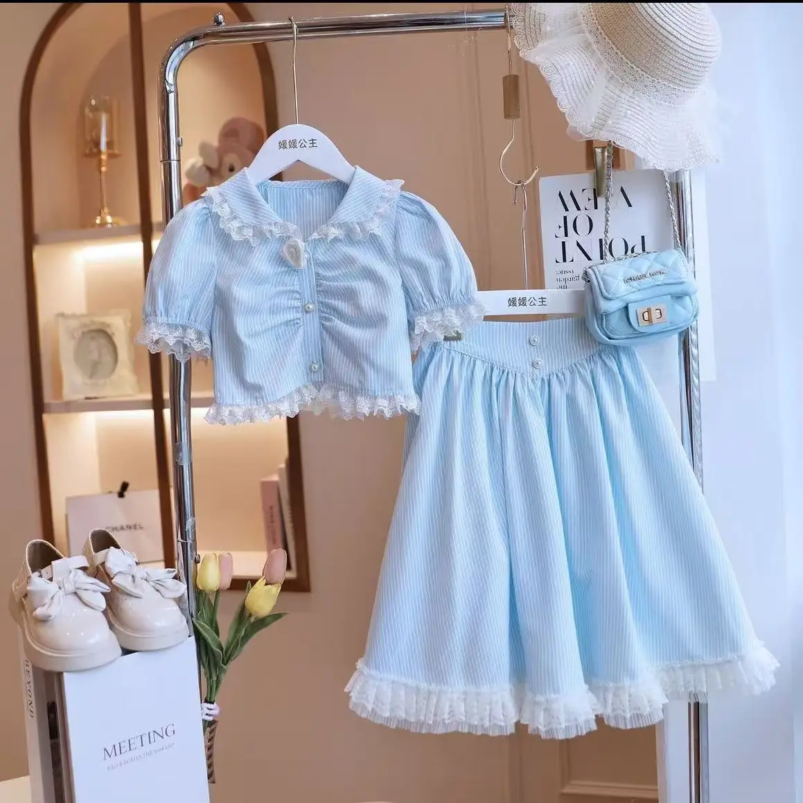 Girls' Summer 2026 New French Lace Border Doll Collar Top Half Body Long Skirt Two-piece Set