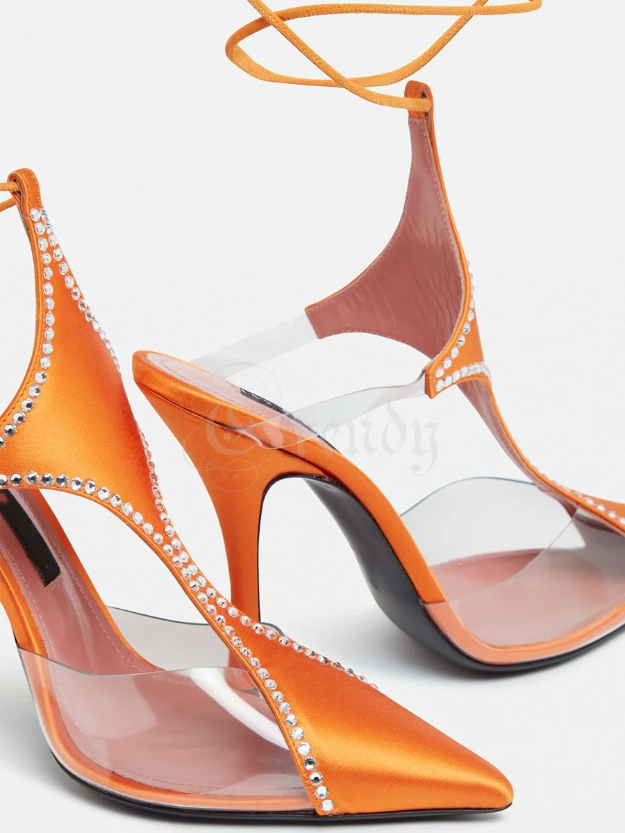 Orange Silk Pvc Sandals Women Heels Crystal Studded Satin Cutout Design Elegant Lace Calf Pointed Toe Cover Stiletto Dress Shoes