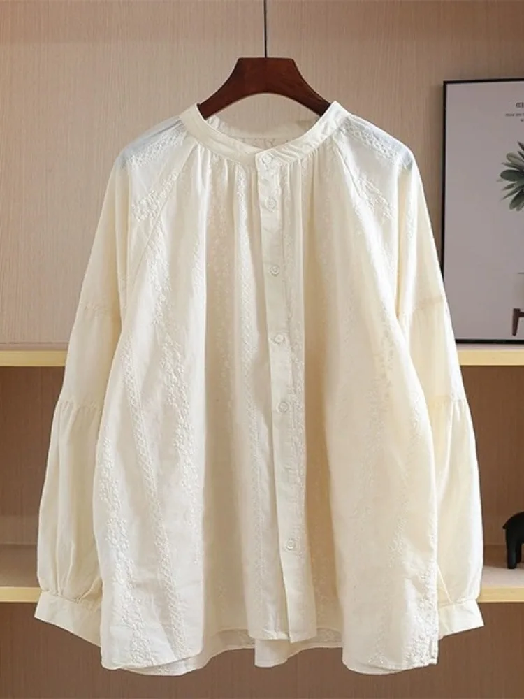 

Casual Sle Long Sve Embroidered Pure Cotton Loose Women's irt Autumn Color Loose Meat Covering Top Japanese Sle