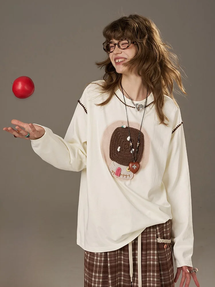 

Musoom Pattern Long Sve T-irt Women's Loose Fit Autumn Casual Sle Cotton round Ne Mid-Length Top by ELF SA