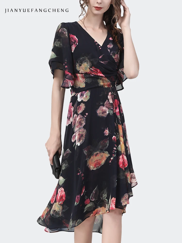 Fashion Womens Summer Chiffon Floral Dress Short Sleeve V-Neck High Waist A-Line Irregular Swing Mid-Length Casual Party Dresses