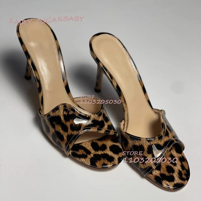 

Wavy Patent Leather Black Low Heel Sandals Women Brown Leopard Print Slippers Open Light Casual Fashion Office Lady Concise Shoe