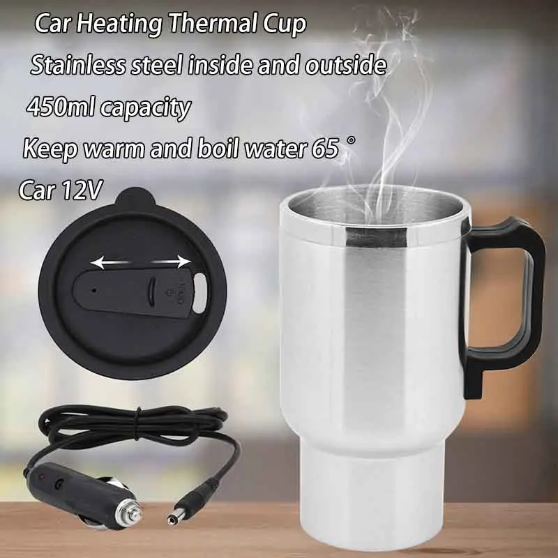 12V 450ml Stainless Steel Camping Travel Kettle Water Coffee Milk Thermal Mug Vehicle Heating Cup Electric Heating Car Cup