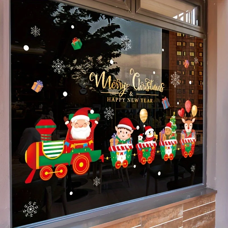 1 Weihnachts-Fensteraufkleber – Weihnachtsmann-Schleppe mit Geschenk-Design und „Frohe Weihnachten“-Weihnachtsdekoration für den Innenbereich, Weihnachtsdekoration