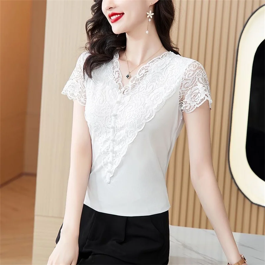 Women Summer Style Lace Blouses Shirts Lady Casual Short Sleeve V-Neck Lace Patchwork Blusas Tops DF4899