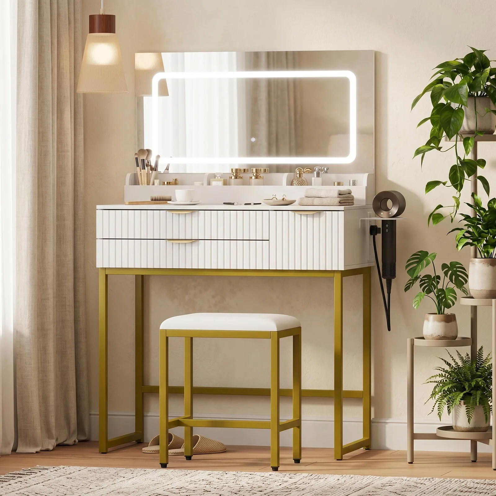 31 Inch Glass Top Vanity Desk With 3 Color LED Mirror, Power Outlet, 3 Drawers, Makeup Tray, Hair Dryer Holder For Bedroom
