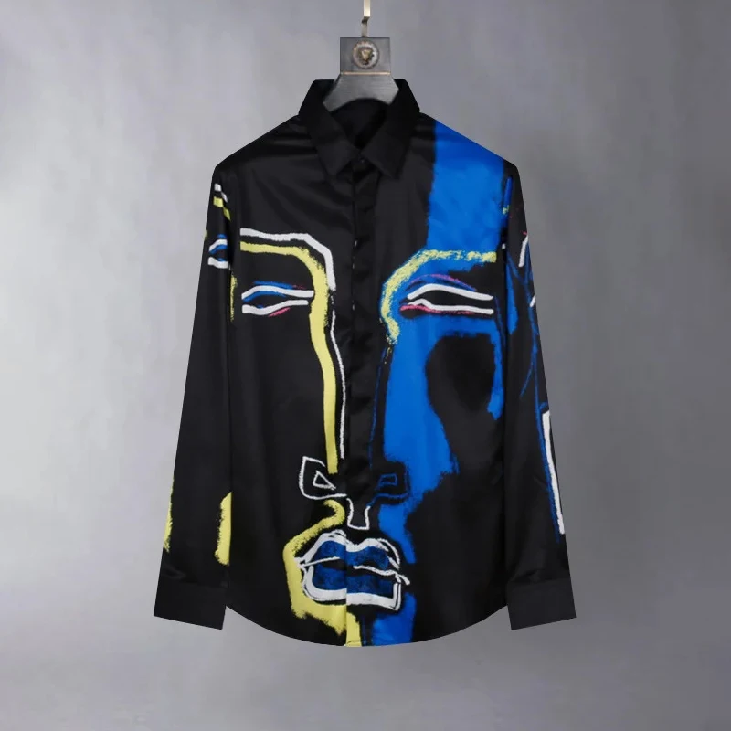 

Luxury graffiti men's casual business shirt, silk long-sleeved shirt, senior banquet social evening dress