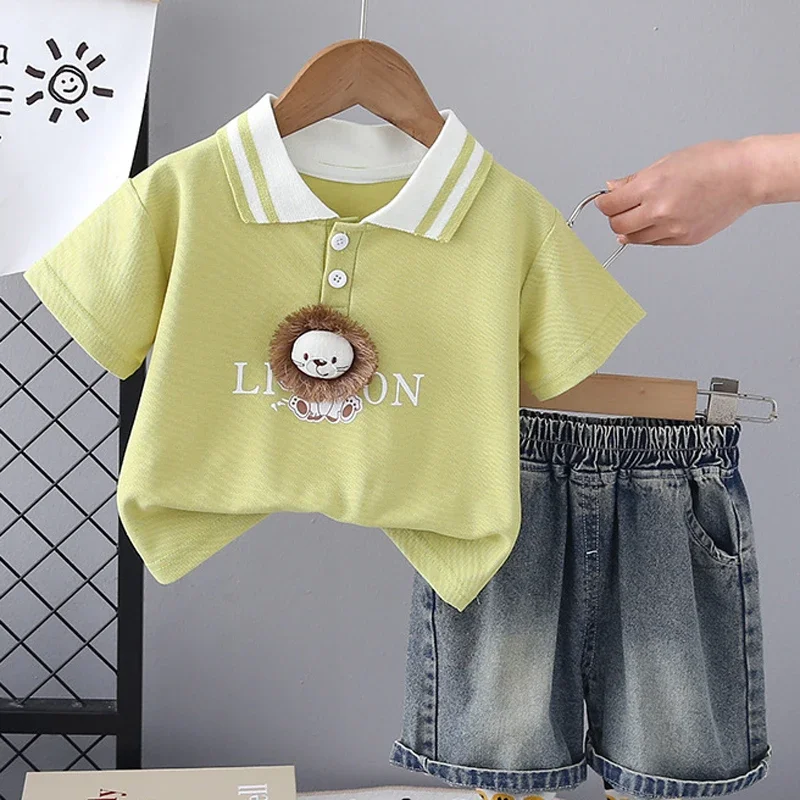 1-5 Years Boys Clothing Set Cute Cartoon Lion Pattern Lapel T-shirt + Short Jeans 2Pcs Outfit For Kids Children Present