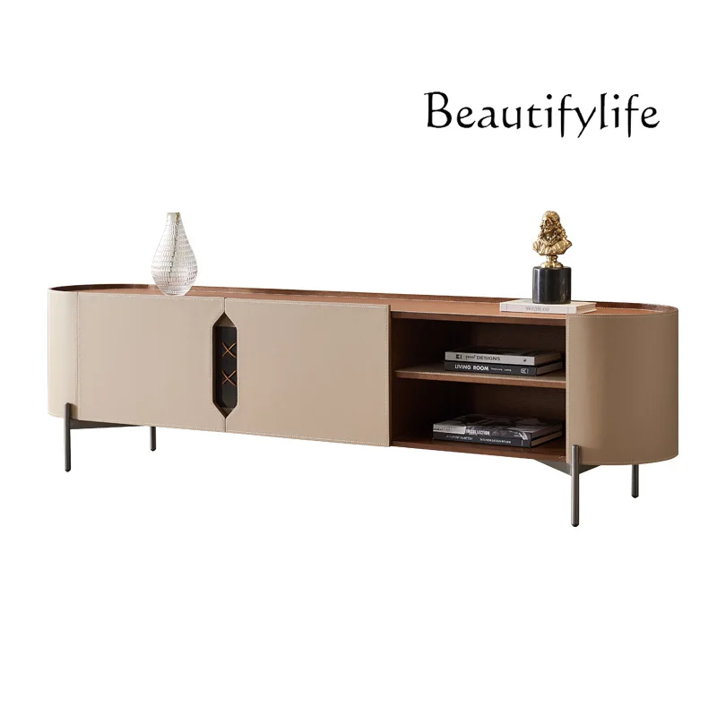 

Minimalist Saddle Leather TV Cabinet and Tea Table Combination Living Room Designer Modern round Corner Locker