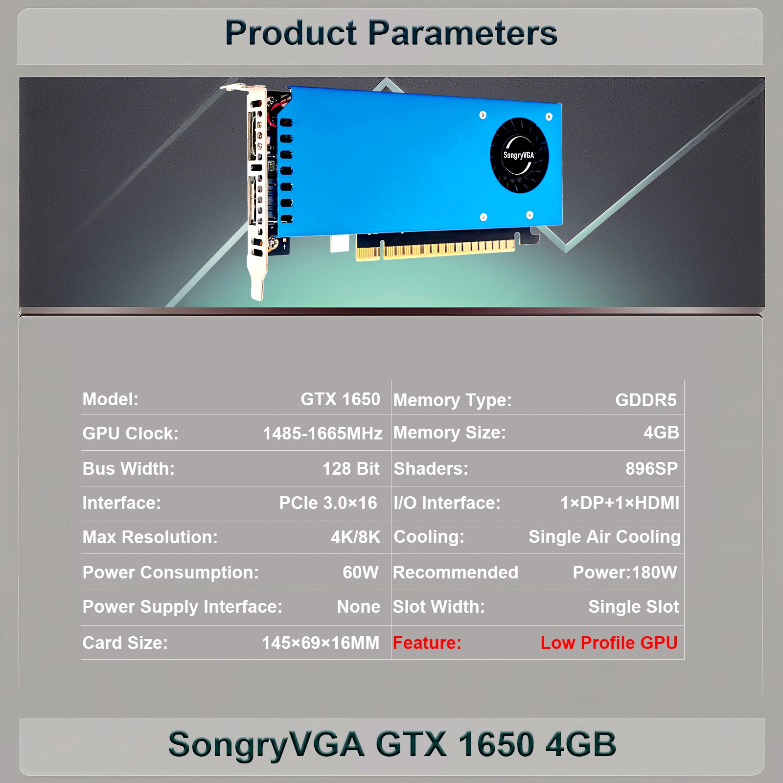 بطاقة رسومات SongryVGA GeForce GTX 1650 4GB GDDR5 منخفضة المستوى، 128 بت PCIe 3.0، HDMI ومنفذ DisplayPort، للألعاب وأجهزة الكمبيوتر SFF