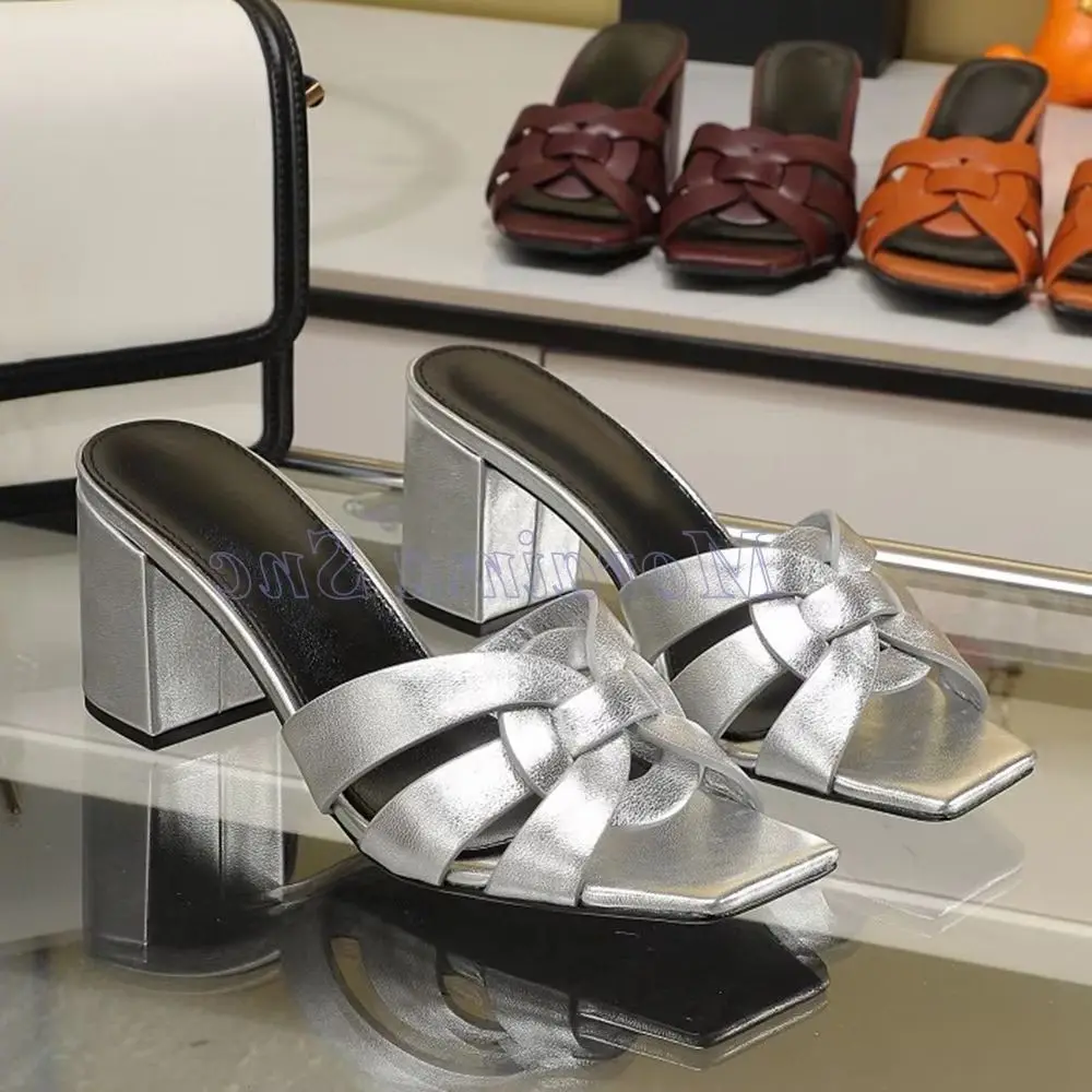 

Женские шлепанцы с квадратным носком на массивном каблуке, плетеные, модные, сексуальные, летние сандалии, коричневые, однотонные, новинка 2026 года