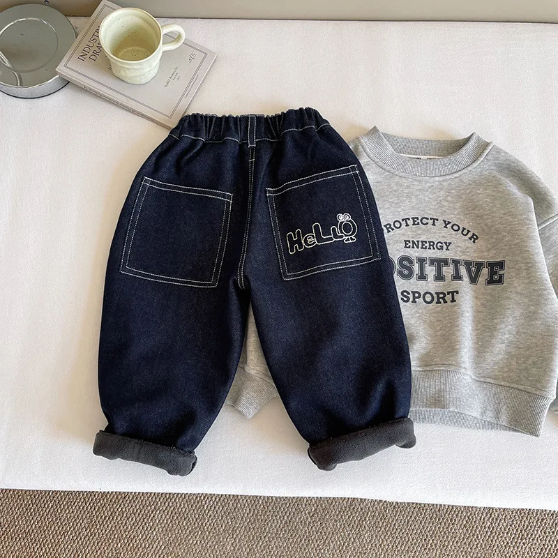 

Детская одежда, зимние штаны, новые стильные облегающие флисовые утолщенные повседневные модные джинсы для мальчиков, зимние теплые штаны для мальчиков и девочек