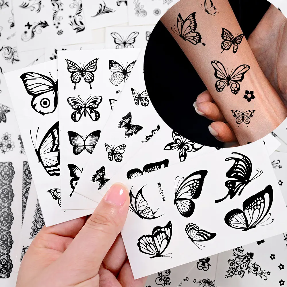 

35sheets Black Butterfly Temporary Tattoo Stickers Sexy Lace & Floral Summer Body Face Tattoos Sticker Waterproof for Face Hand