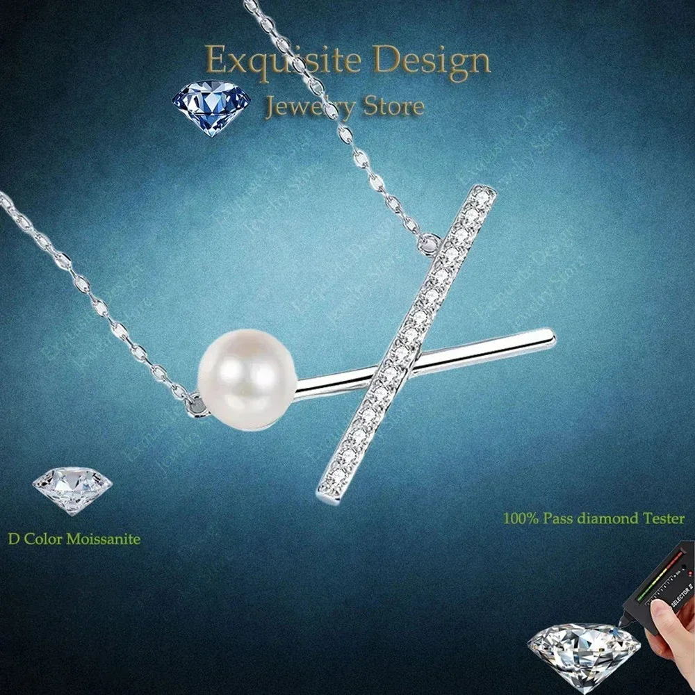 Exquisite Design Luxury Cross 0.375 CT Moissanite Necklace for Women, Platinum Pt950 8mm Pearl Freshwater Pendant Jewelry