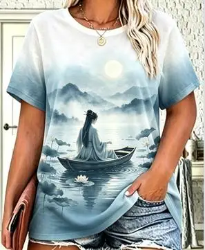 Women Oriental Art T‑Shirt, Ancient Lady Boat Lotus Lake Misty Mountain Moon Watercolor Graphic Casual Short Sleeve Tee For