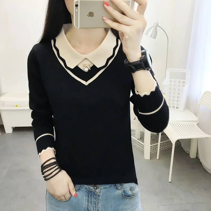 Women Autumn Winter Knitted Pullover Sweaters Lady Casual Long Sleeve Peter Pan Collar Pullover Tops WY1023