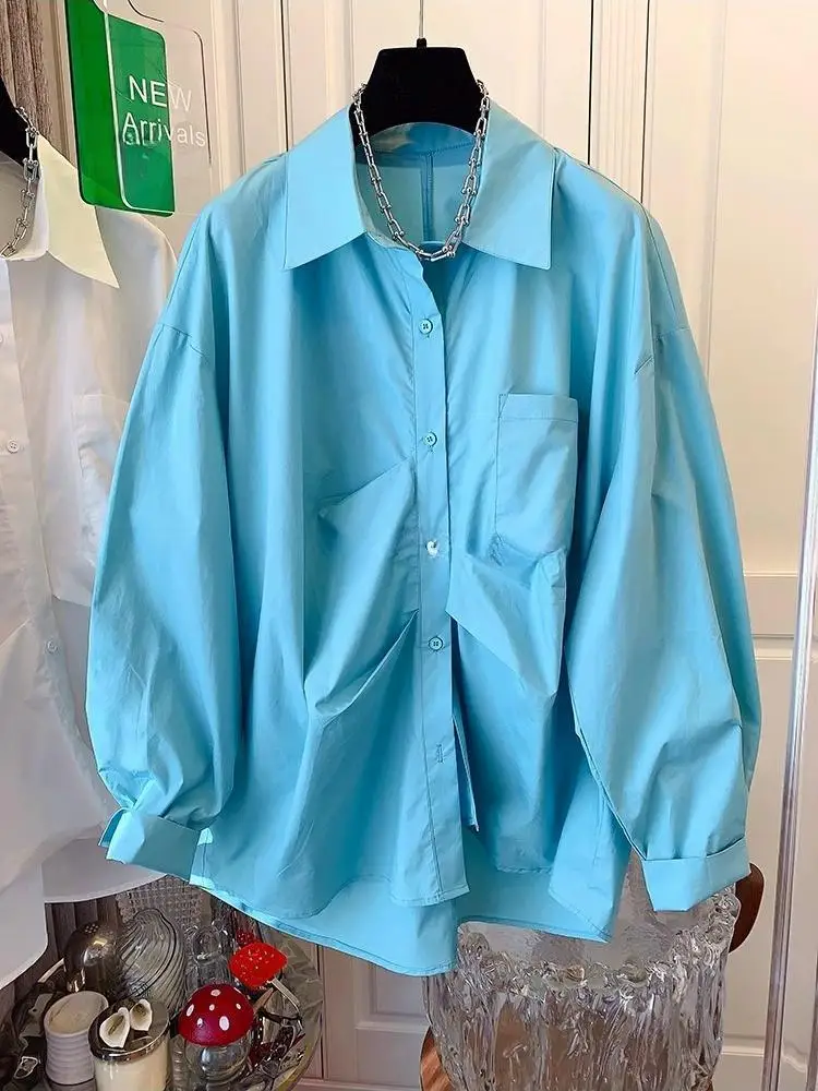 

French Pleated Irregular Splicing Long Sleeved Spring Shirt for Women Niche Design 2025 Autumn New