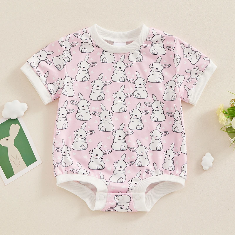 

BeQeuewll Baby Romper, Short Sleeve Crew Neck Bunny Print Summer Bodysuit Easter Clothes for Girls Boys