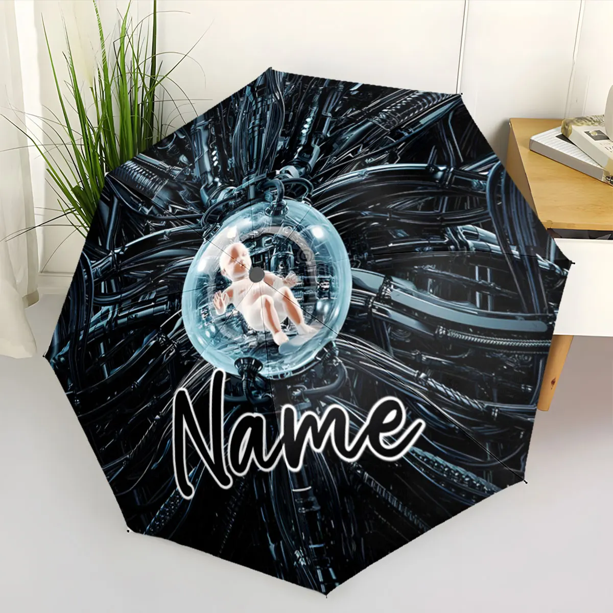 Custom Name Futuristic Umbrella Design with Artistic Human Imagery Print 8Iron Ribs Folding Umbrella Auto-Open Fashion Sunshade
