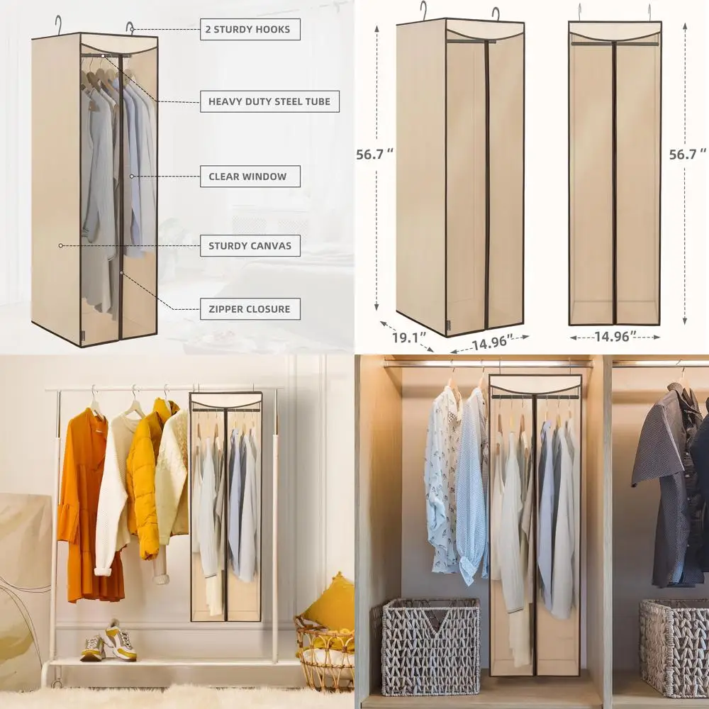 

Beige Large Hanging Garment Bags with Zipper and Clear Window for Wardrobe Protection