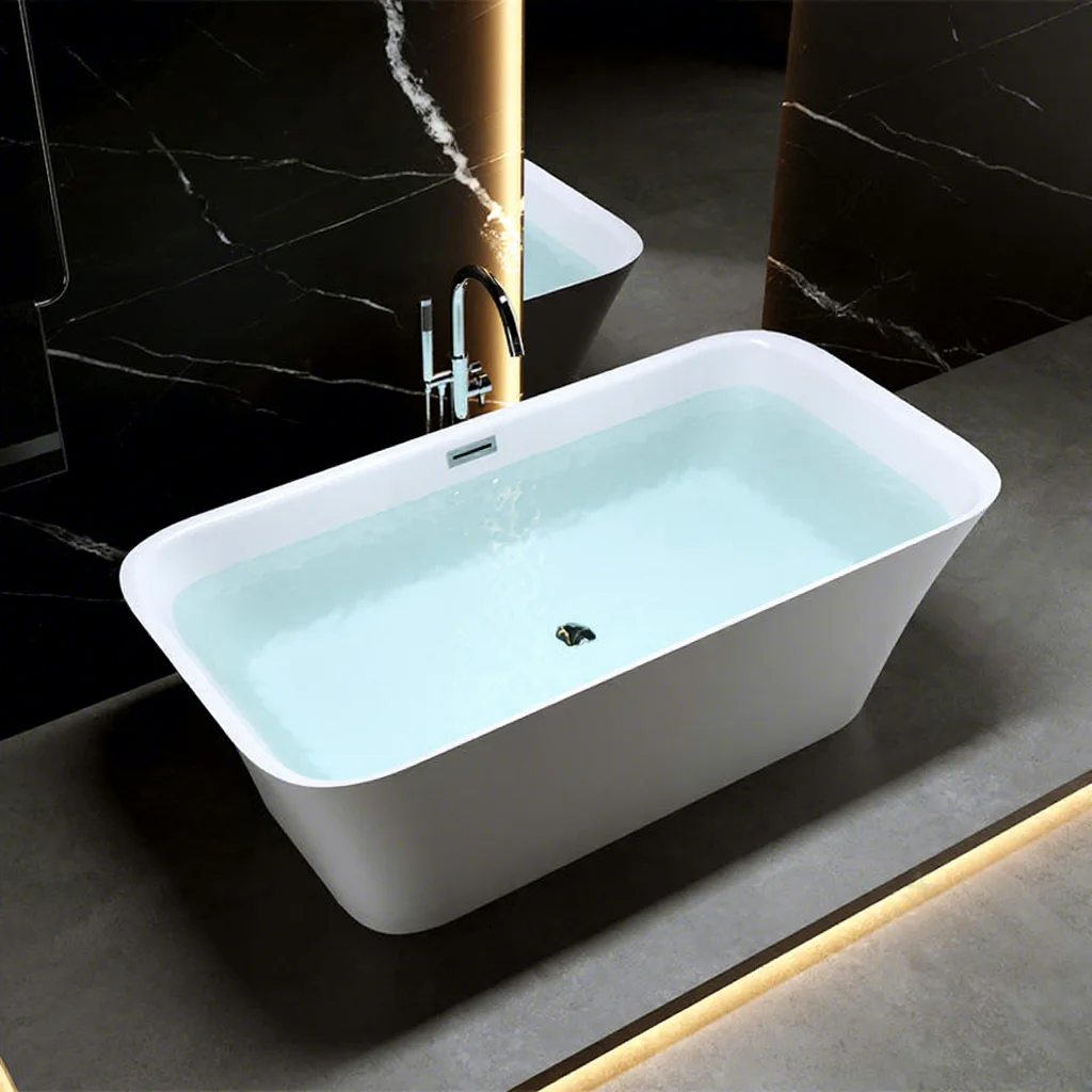 Modern White Rectangular Acrylic Freestanding Soaking Bathtub With Center Drain For Hotel & Villa Renovation