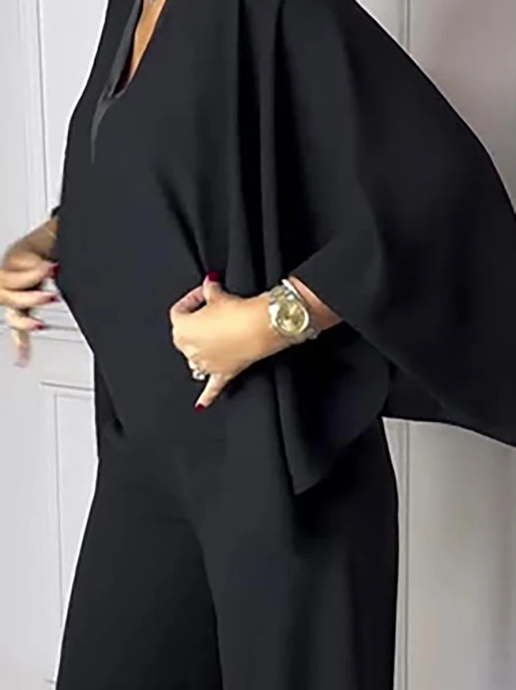 

Casual Bating Sleeve Design Straight Jumpsuit High Street Solid Long Pants Playsuits Office Ladies Simple V-neck Loose Rompers