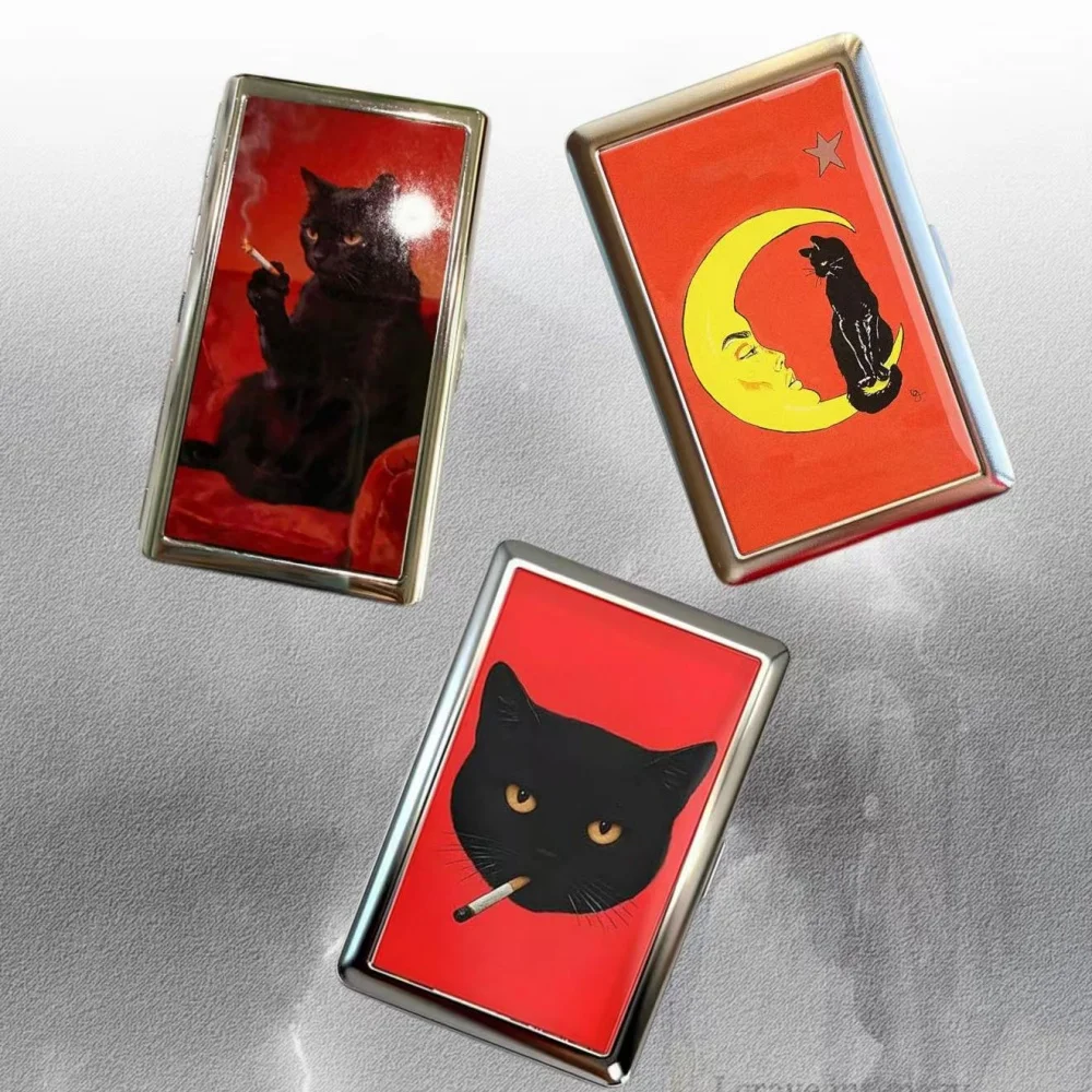 Gothic Blackcat Art Print Flip‑open Snap Box Portable Pocket Storage Holder Retro Punk Dark Aesthetic Metal Card Case Gift