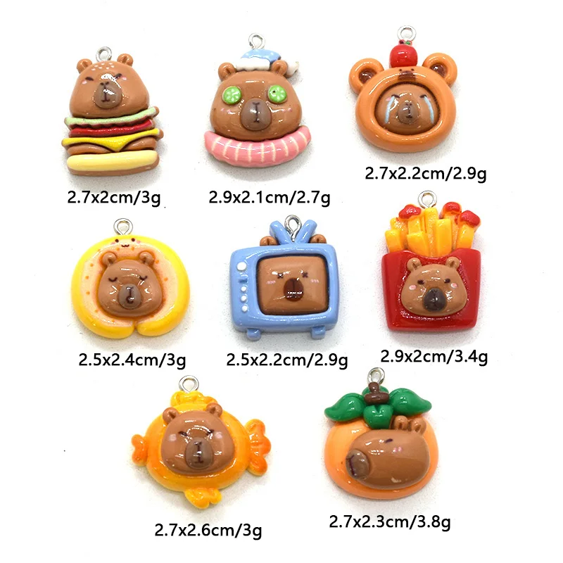 Breloques en résine Capybara paresseux lumineux, gâteau de poisson de dessin animé Kawaii, hamburger, frites, pendentif, accessoire, boucle d'oreille bricolage, fabrication de bijoux, 10 pièces