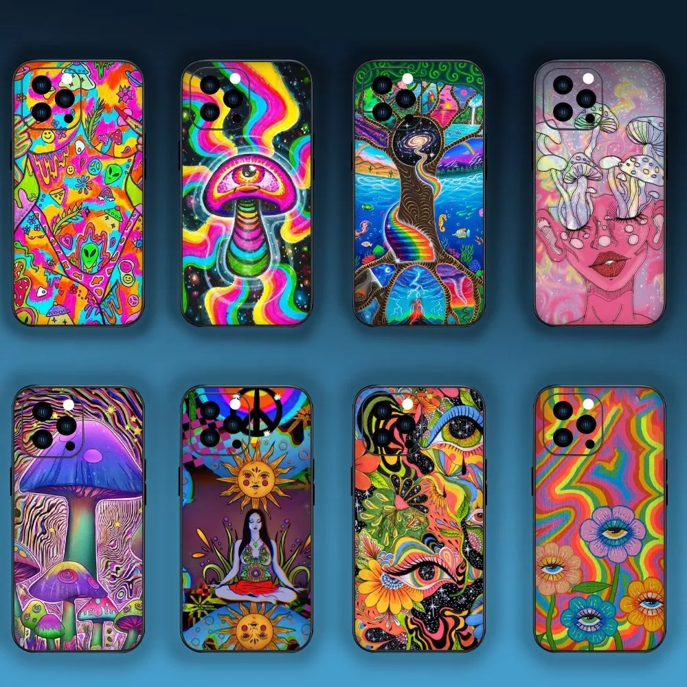 Trippy Psychedelic Mushrooms Eye Phone Case For iPhone Mini 11 12 13 Plus Pro Max 14 15 XR XS Black Shell