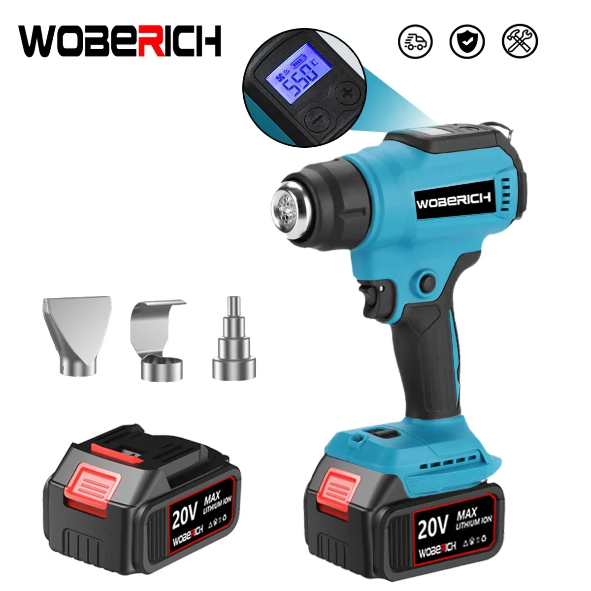 30-550℃ LED Temperature Display Electric Heat Gun Cordless Handheld Hot Air Gun with 3 Nozzles For Makita/WOBERICH 18V Battery