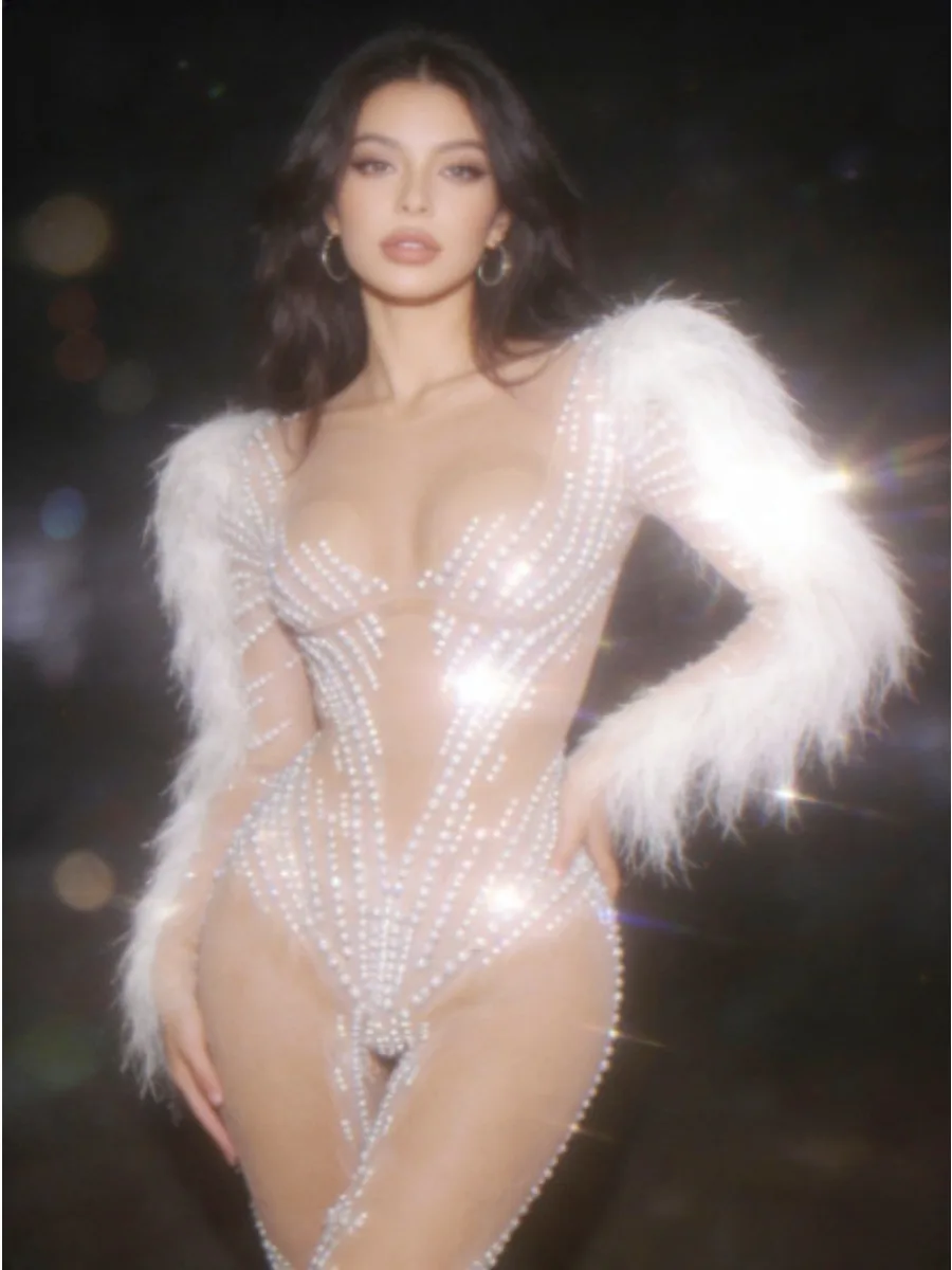 New Arrival Women Long Sleeve Sexy Shining Rhinestones Mesh Bodycon Jumpsuit Nightclub Performance Costumes Bar Dance Stage Wear