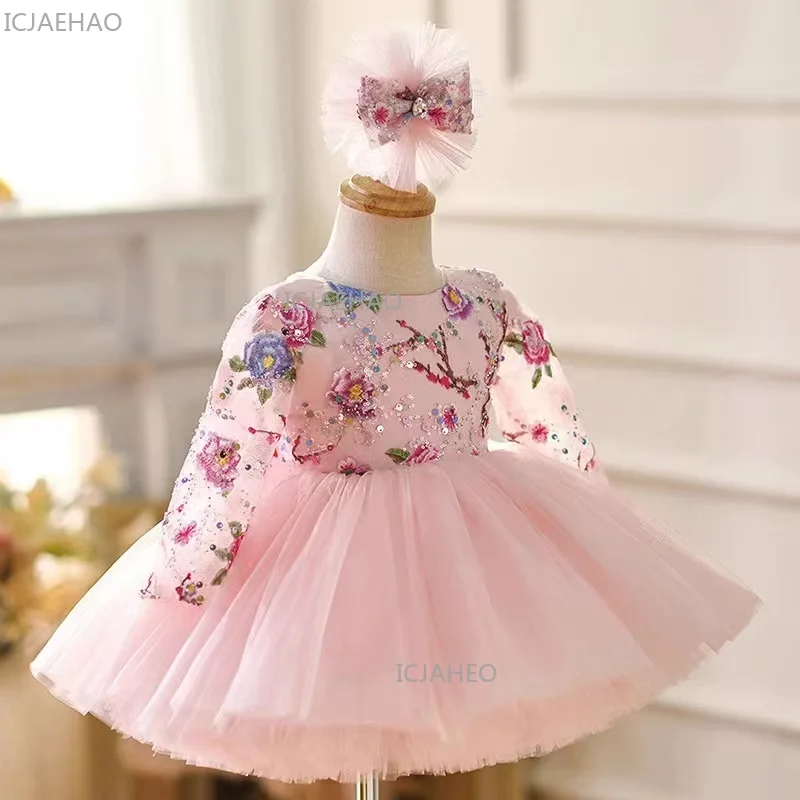 Cute Girls' 1-Year-Old Dress Pink Flower Children Long-Sleeved Puffy Vessel Gown Purple for Banquets Dresses Eid Kids Clothing