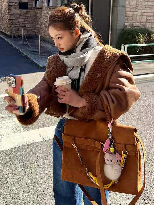 Retro hong kong sle chique dupla face usar pele ecológica couro ort jaet feminino inverno casaco de pele de cordeiro