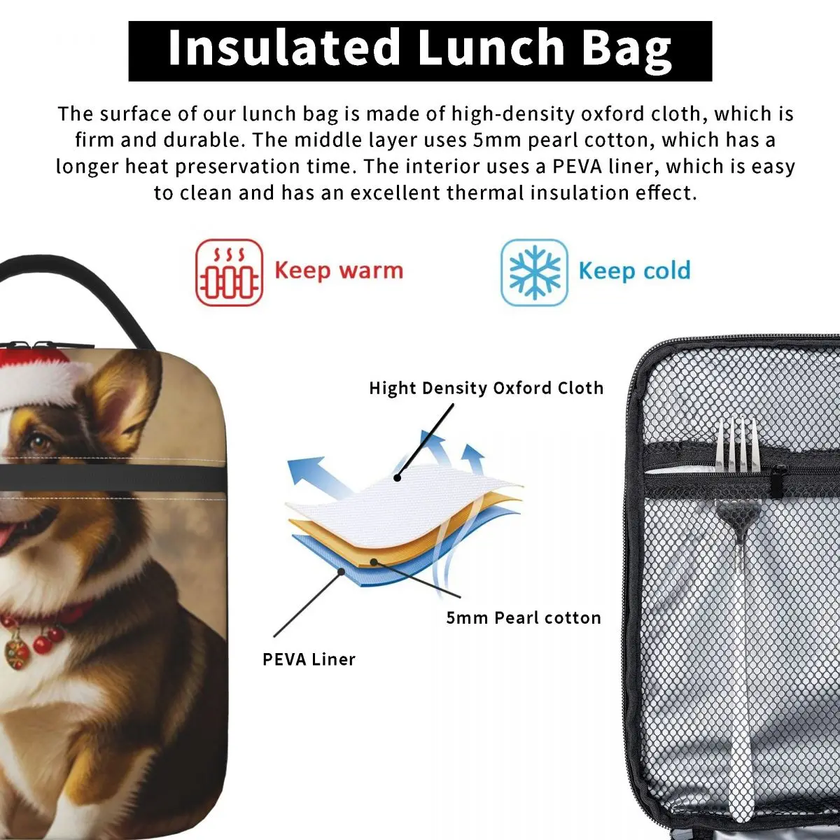 Cardigan Welsh Corgi Dog Christmas Insulated Lunch Bag for Women Children Portable Food Boxes Thermal Lunch Box Tote