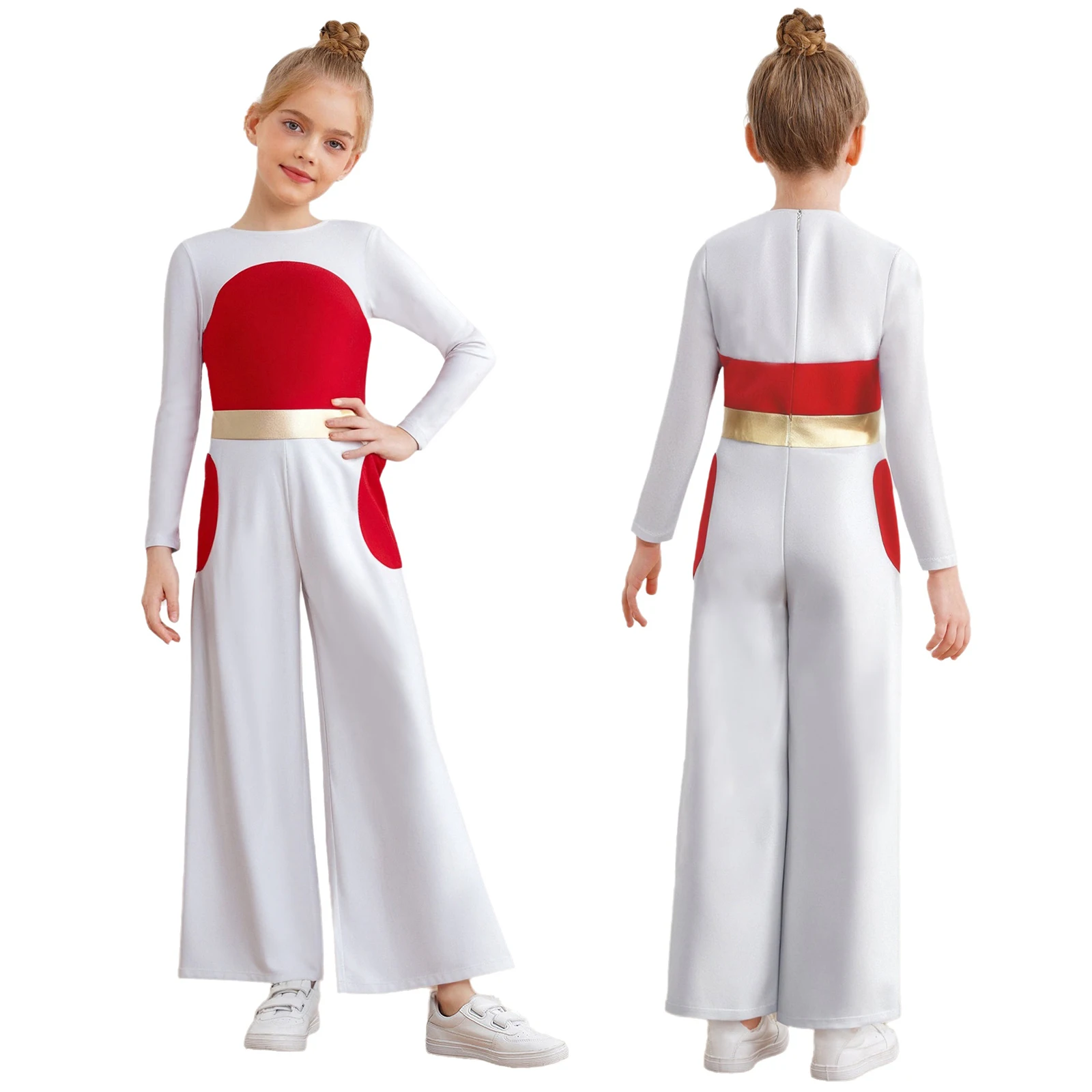 

Girls Church Choir Costume Metallic Shiny Jumpsuit Long Sleeve Christian Worship Liturgical Praise Robe Xmas Halloween Cosplay