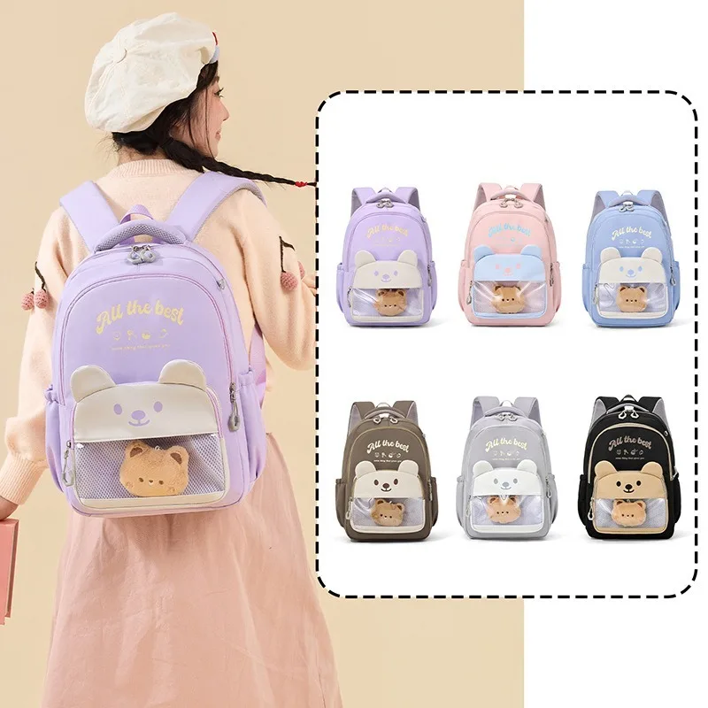Cartoon Bear Cute Rucksack Girls Students Schoolbags Kawaii Backpack Large Transparent Pocket Book Bag Waterproof Nylon Satchel
