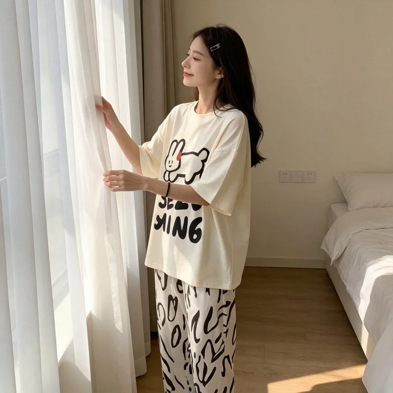 Rabbit Print Women Pajama Set, Short Sleeve Top Long Pants, Loose Soft Sleep Loungewear