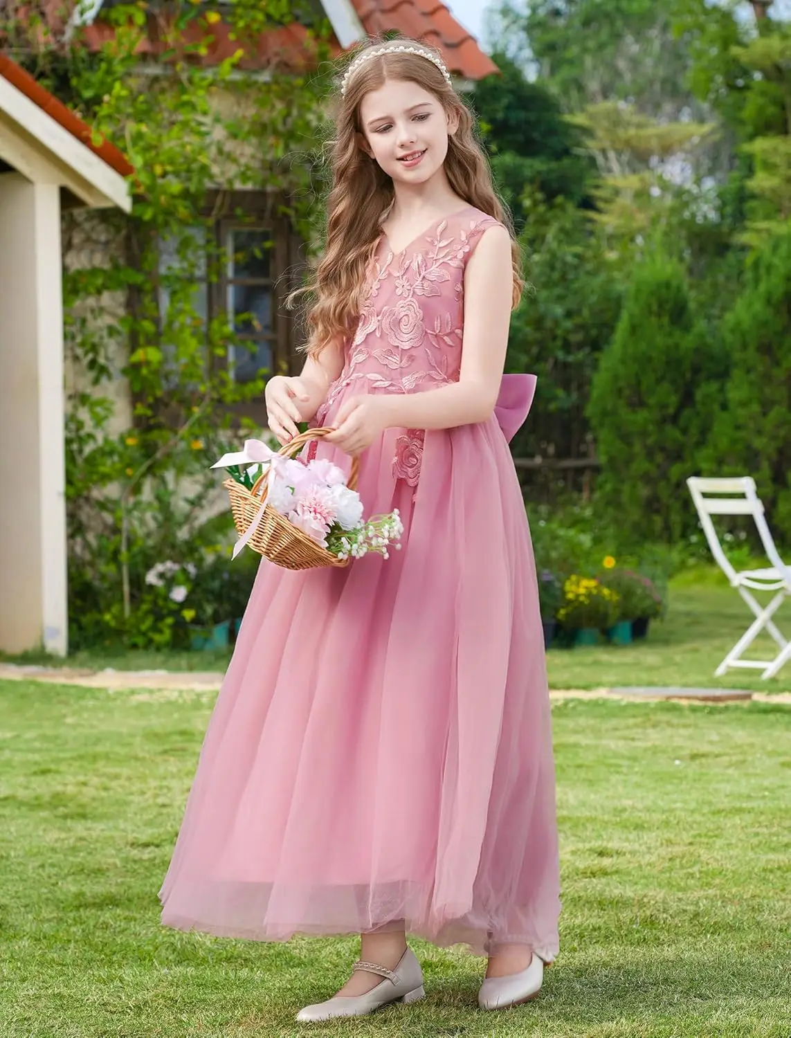 فستان فتاة الزهور للأطفال، فيونكة مزينة بالدانتيل، فستان رقص لحفلات أعياد الميلاد، فستان مناسبة رسمية، فستان شيفون للأميرة