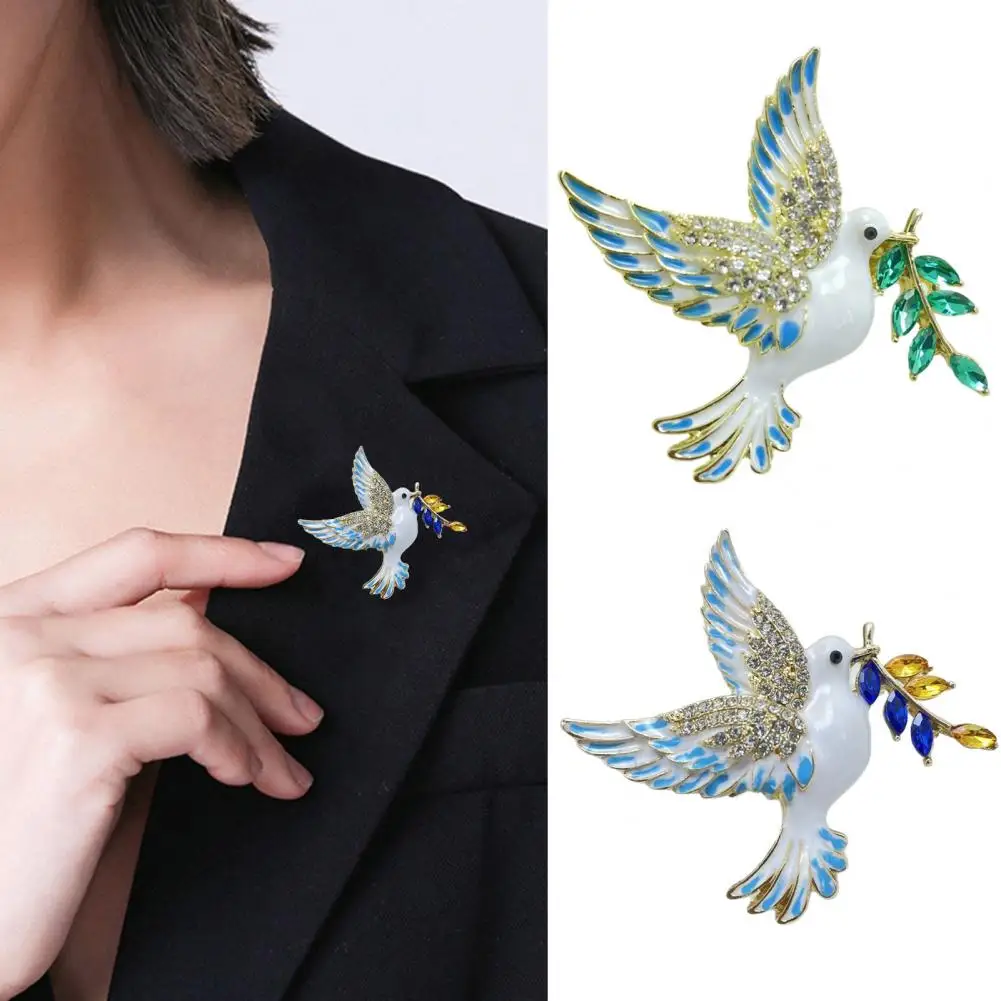 Women Brooch Bird Wing Pigeon Shape Suit Pin Sparkling Rhinestones Inlaid Retro Style Peace Symbol Brooch Woolen Coats Accessory