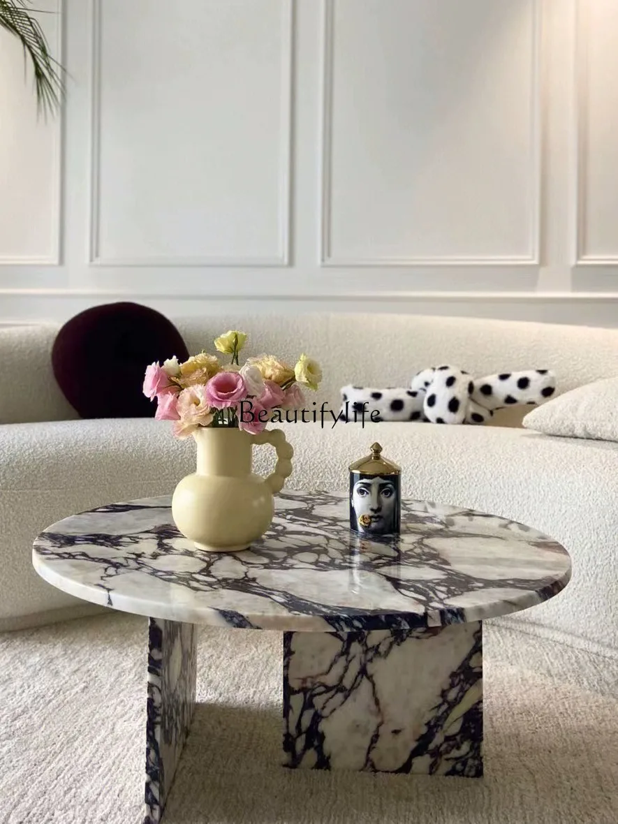 

**Marble coffee table living room French rock slab round small apartment simple ins style tea