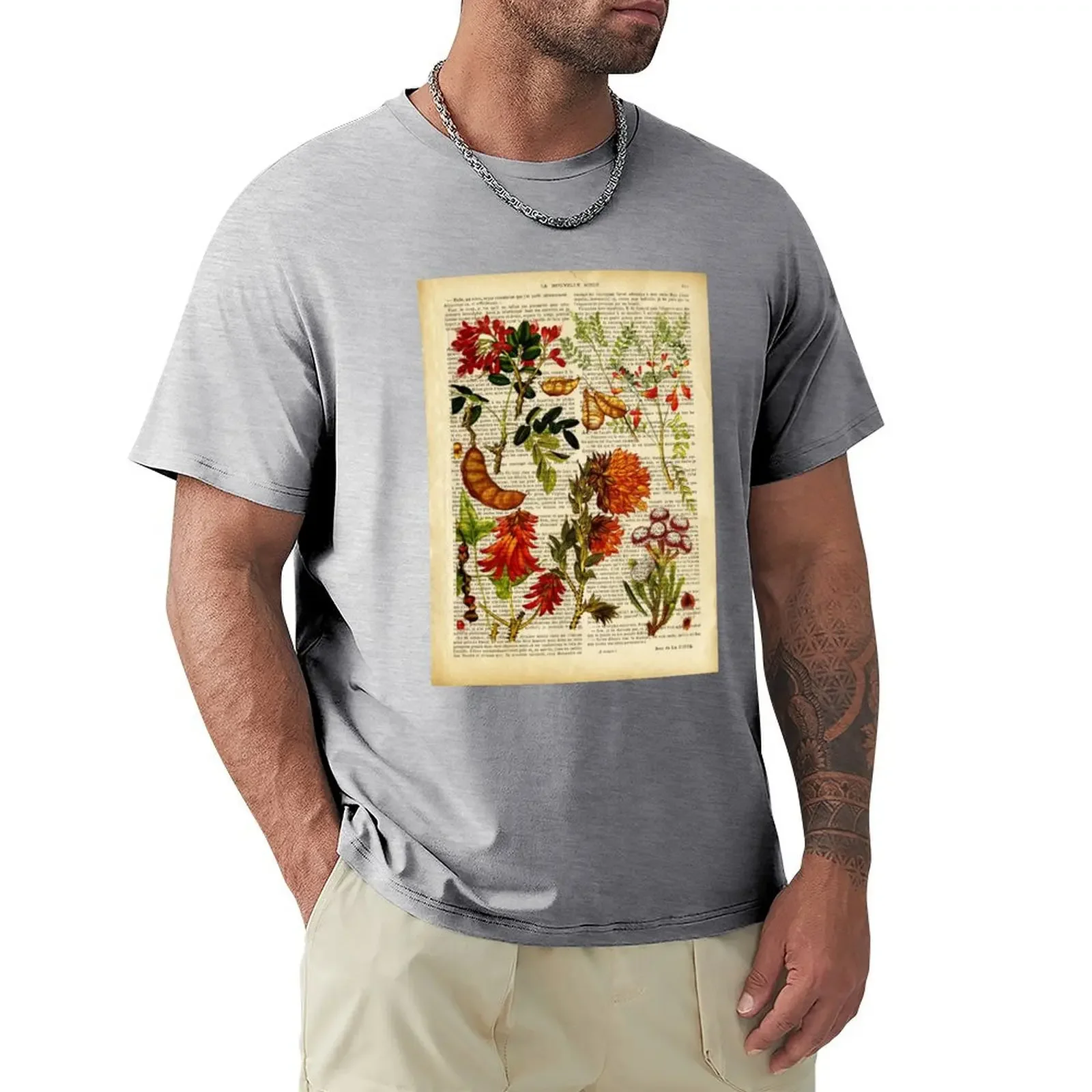 Botanical print, on old book page - garden flowers T-Shirt customizeds anime tshirt heavyweight t shirts for men