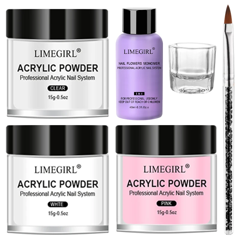 LIMEGIRL Kit de uñas acrílicas para principiantes, 3 colores en polvo y líquido, juego profesional de acrílico para uñas para salón de manicura, arte DIY para el hogar