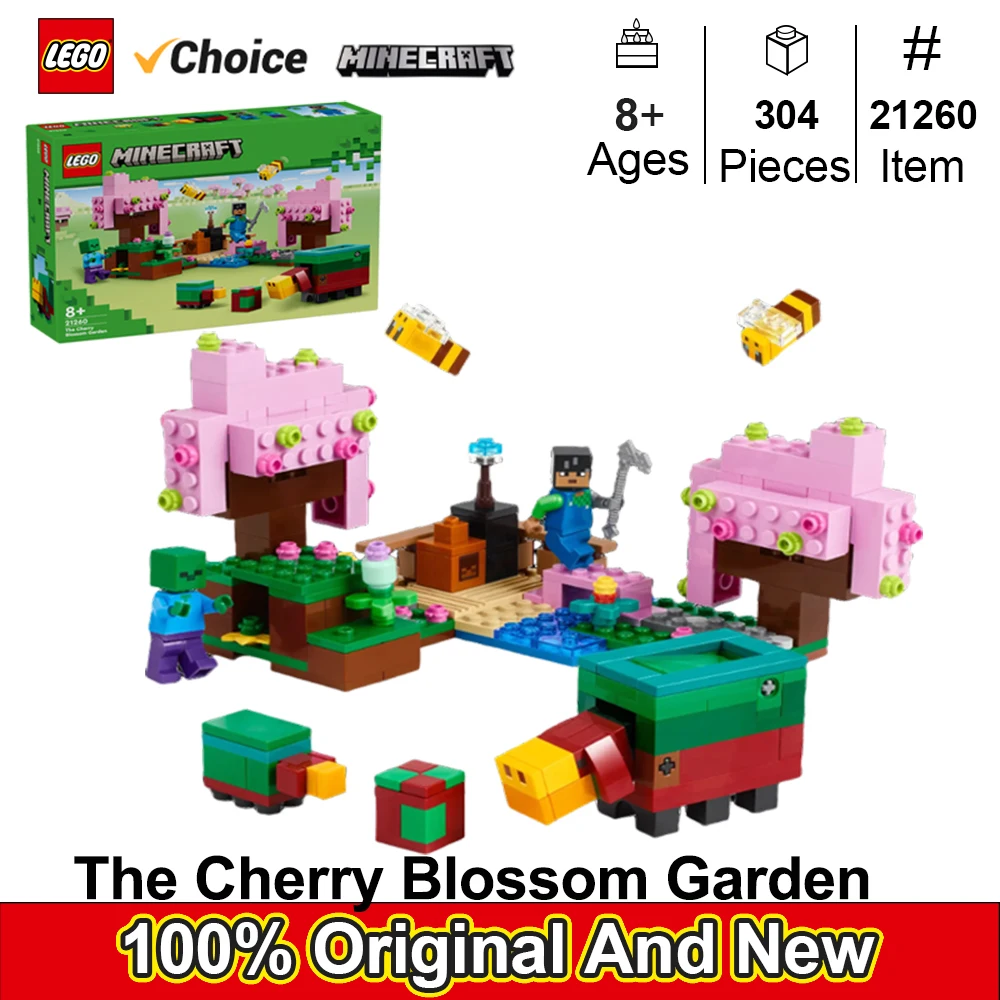 

LEGO 21260 Minecraft The Cherry Blossom Garden, игрушка для видеоигр для детей, строительный набор с 2 минифигурками Minecraft, 304 шт.