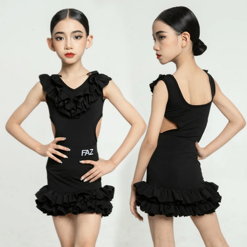 

Summer New Latin Dance Dress Kids Tango Waltz Samba Dance Performance Clothes Girls Black Sleeveless Dance Practice Set XH2950