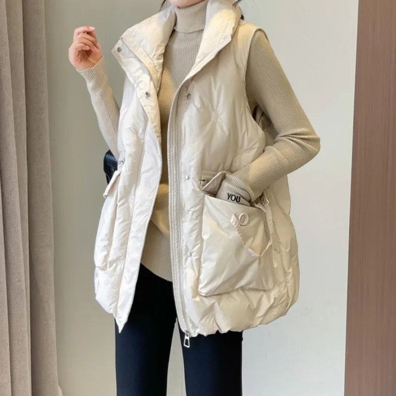 Autumn Winter Down Cotton Vest Jacket Women Korean Loose Sleeveless Outwear Large Pocket Embroidered Wasitcoat Female