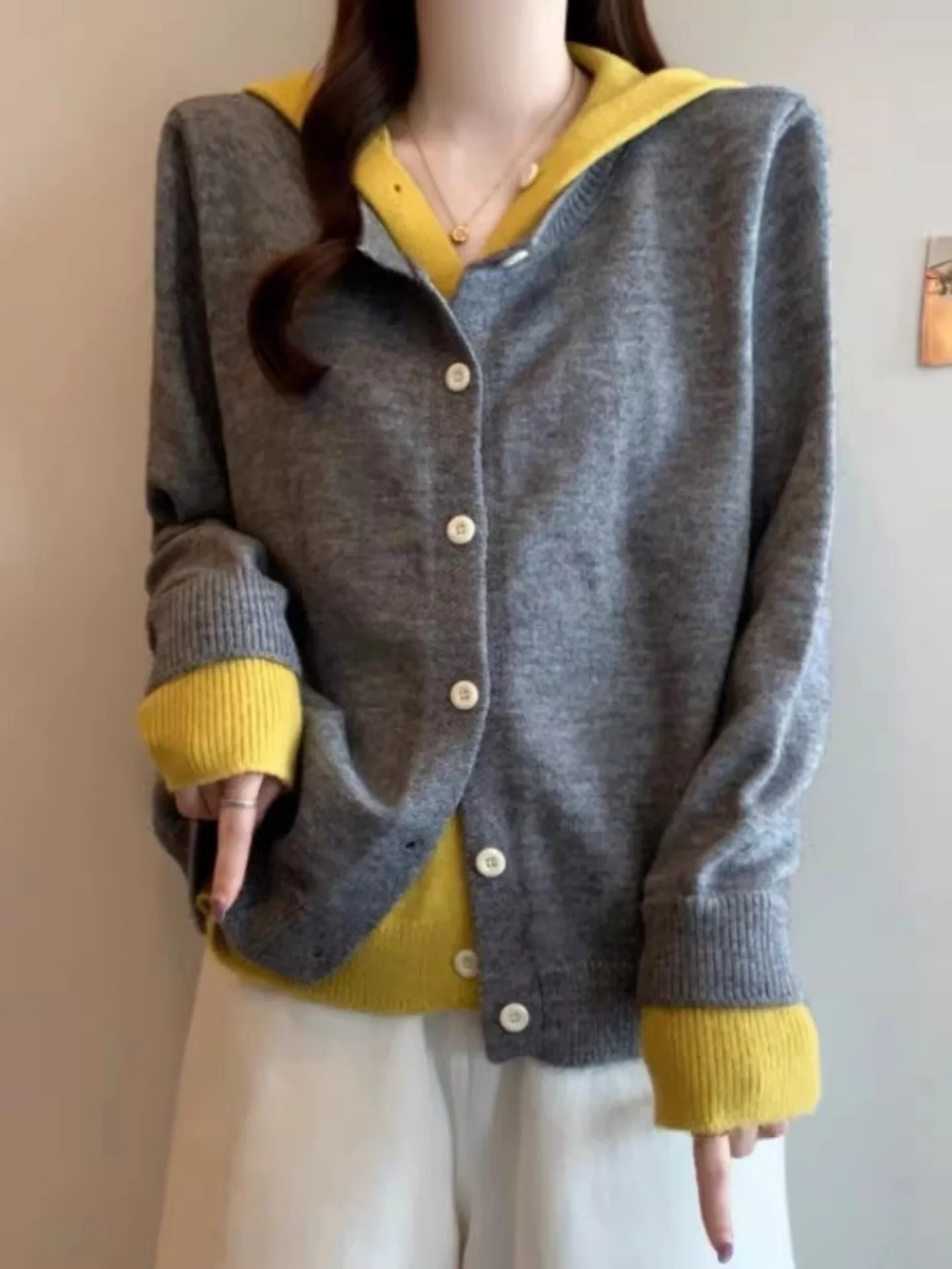 

Color Blo Hooded Knitted Open Cardigan Sweater Women plus Size Conceal Meat Faionable Top Spring 2026 Commute Sle Regul...