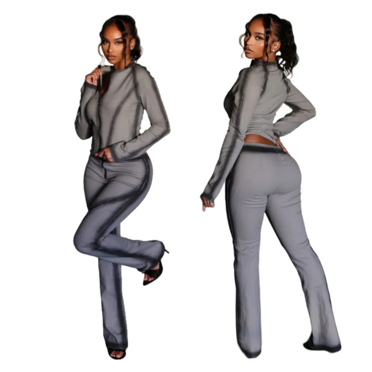 Printed 2 Piece Set Women Fashion O Neck Long Sleeve Zip-up Slim Jackets Tops + Slim Flare Pants Casual Streetwear Suits